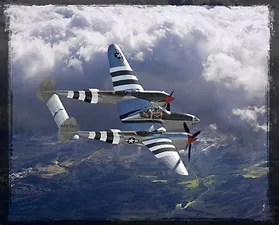 P-38 Lightning from above right trailing in flight